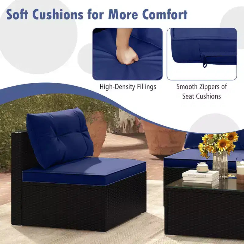 Costway Salon de Jardin 5 Pièces avec Coussins d'Assise et de Dossier Table en Verre Trempé Noir/Bleu