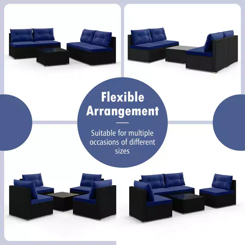 Costway Salon de Jardin 5 Pièces avec Coussins d'Assise et de Dossier Table en Verre Trempé Noir/Bleu