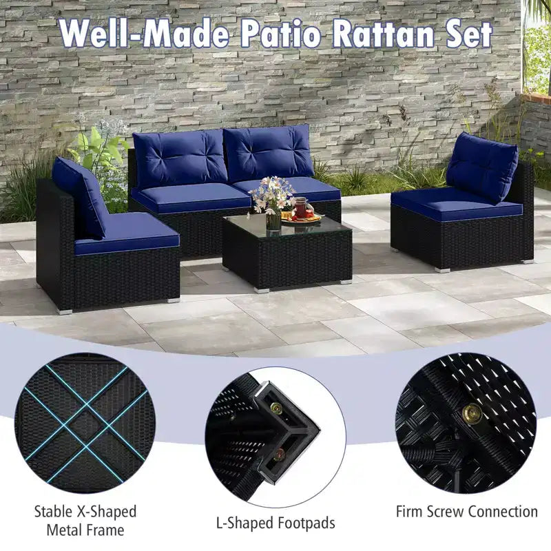 Costway Salon de Jardin 5 Pièces avec Coussins d'Assise et de Dossier Table en Verre Trempé Noir/Bleu