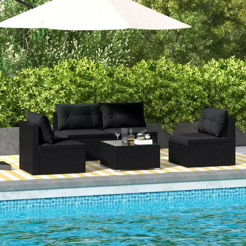 Costway Salon de Jardin 5 Pièces avec Coussins d'Assise et de Dossier Table en Verre Trempé Noir/Bleu