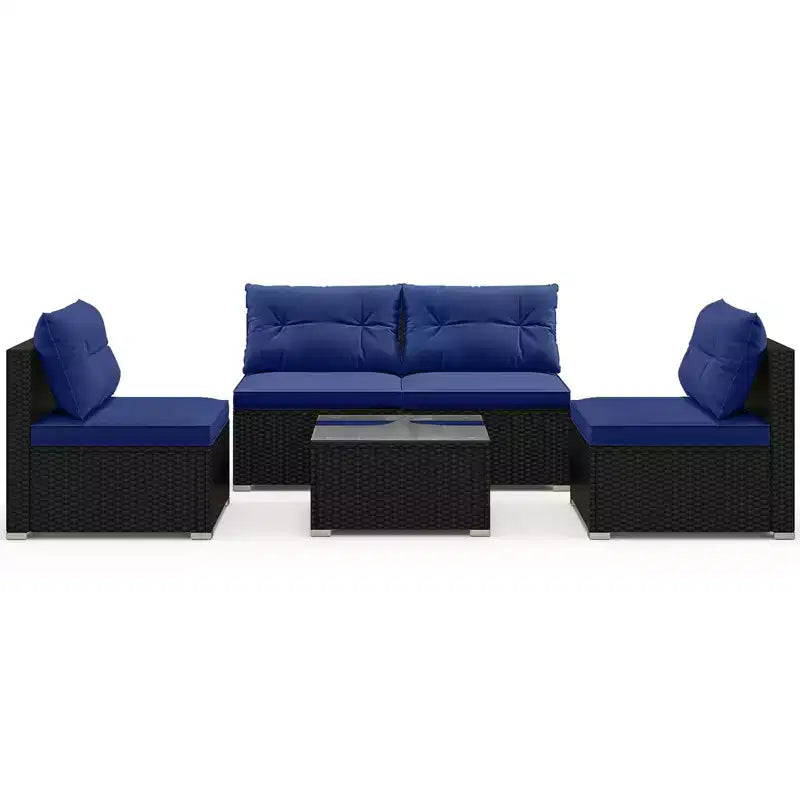 Costway Salon de Jardin 5 Pièces avec Coussins d'Assise et de Dossier Table en Verre Trempé Noir/Bleu