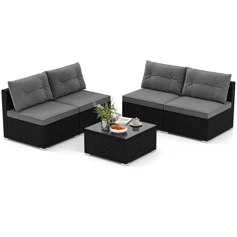 Costway Salon de Jardin 5 Pièces avec Coussins d'Assise et de Dossier Table en Verre Trempé Noir/Bleu