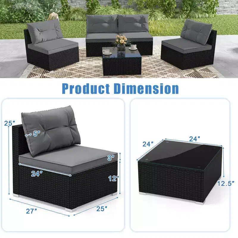 Costway Salon de Jardin 5 Pièces avec Coussins d'Assise et de Dossier Table en Verre Trempé Noir/Bleu