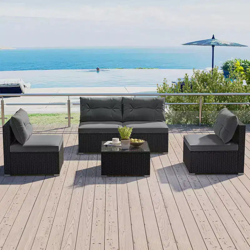 Costway Salon de Jardin 5 Pièces avec Coussins d'Assise et de Dossier Table en Verre Trempé Noir/Bleu