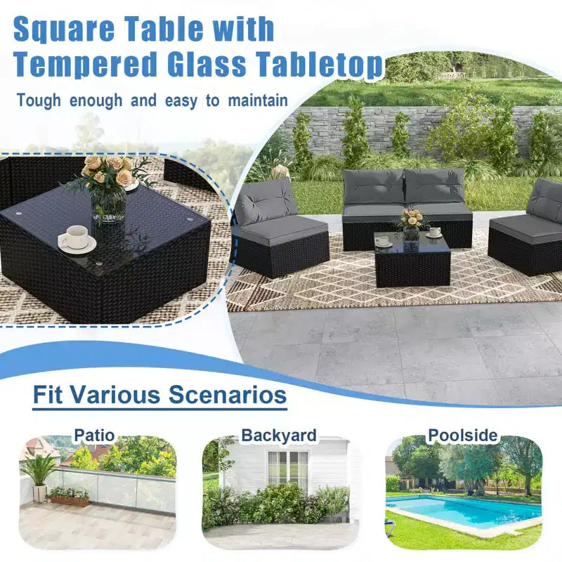 Costway Salon de Jardin 5 Pièces avec Coussins d'Assise et de Dossier Table en Verre Trempé Noir/Bleu