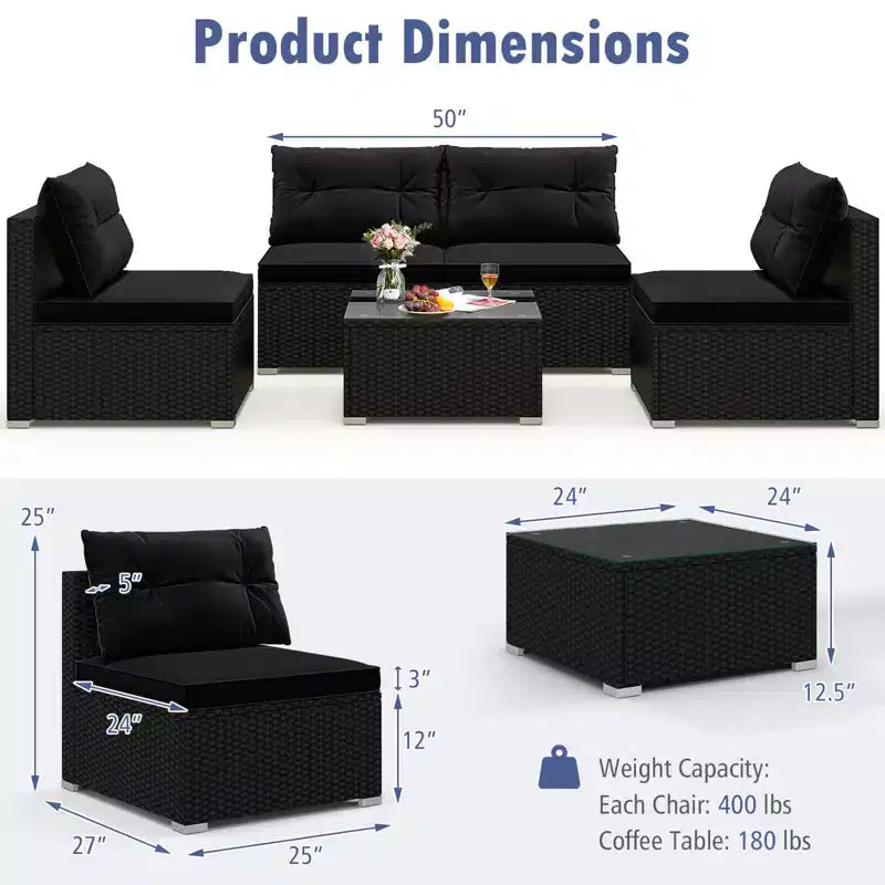 Costway Salon de Jardin 5 Pièces avec Coussins d'Assise et de Dossier Table en Verre Trempé Noir/Bleu