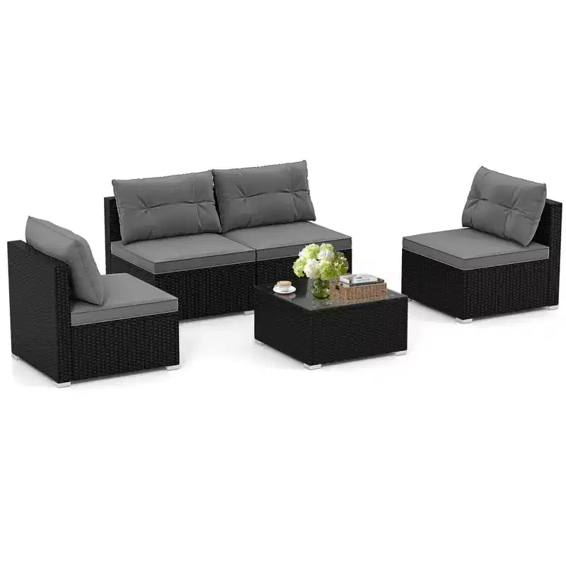 Costway Salon de Jardin 5 Pièces avec Coussins d'Assise et de Dossier Table en Verre Trempé Noir/Bleu