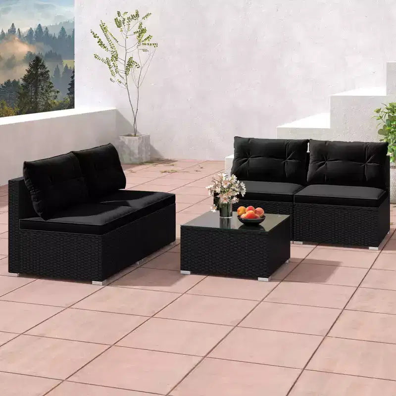 Costway Salon de Jardin 5 Pièces avec Coussins d'Assise et de Dossier Table en Verre Trempé Noir/Bleu