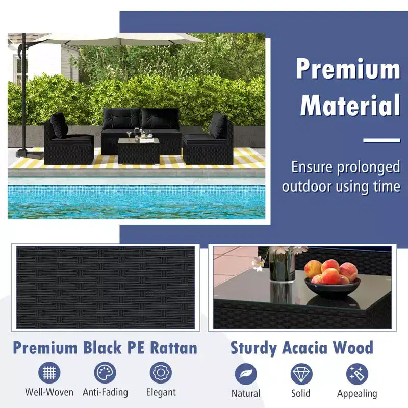 Costway Salon de Jardin 5 Pièces avec Coussins d'Assise et de Dossier Table en Verre Trempé Noir/Bleu