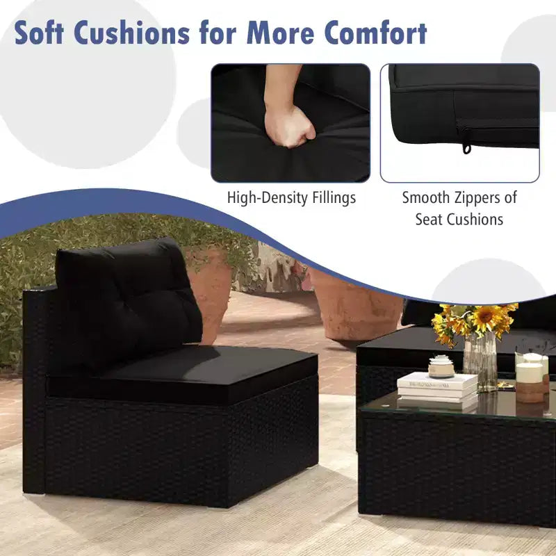 Costway Salon de Jardin 5 Pièces avec Coussins d'Assise et de Dossier Table en Verre Trempé Noir/Bleu