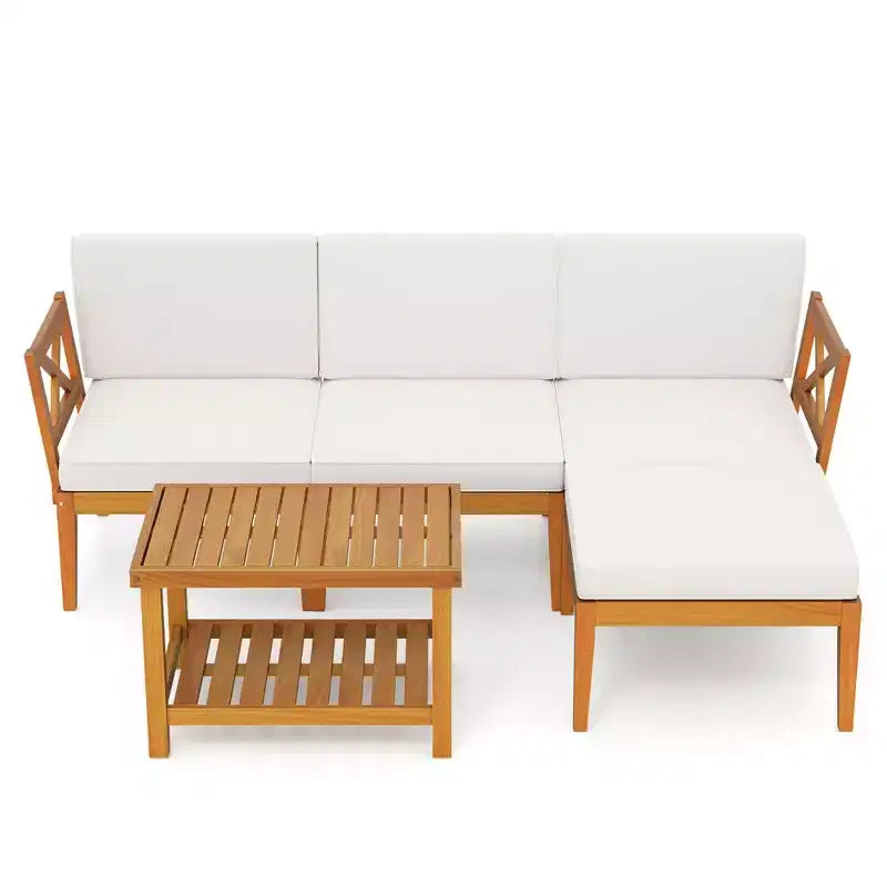 Costway Ensemble de Meubles de Patio 5 Pièces en Bois d'Acacia avec Table Basse à 2 Niveaux et Coussins