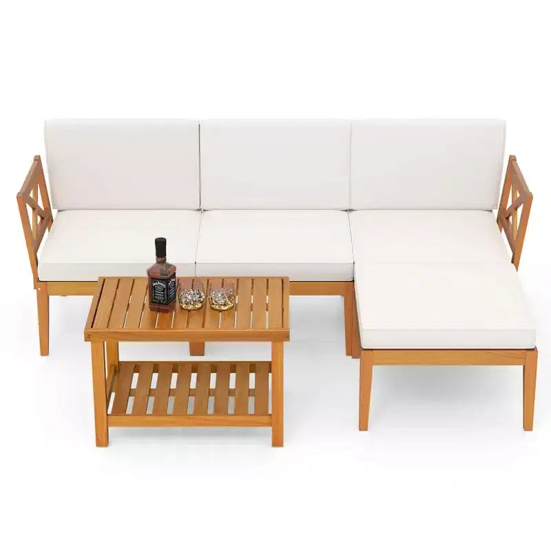 Costway Ensemble de Meubles de Patio 5 Pièces en Bois d'Acacia avec Table Basse à 2 Niveaux et Coussins