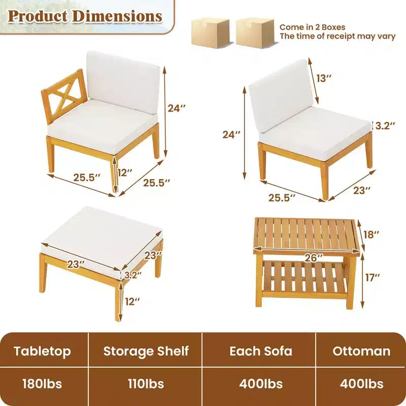 Costway Ensemble de Meubles de Patio 5 Pièces en Bois d'Acacia avec Table Basse à 2 Niveaux et Coussins