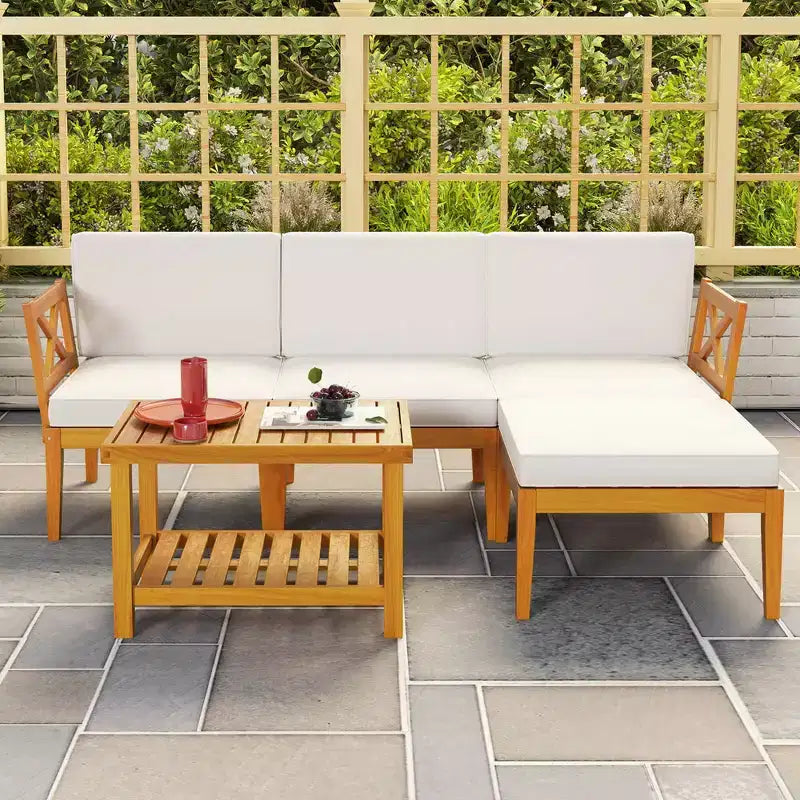 Costway Ensemble de Meubles de Patio 5 Pièces en Bois d'Acacia avec Table Basse à 2 Niveaux et Coussins