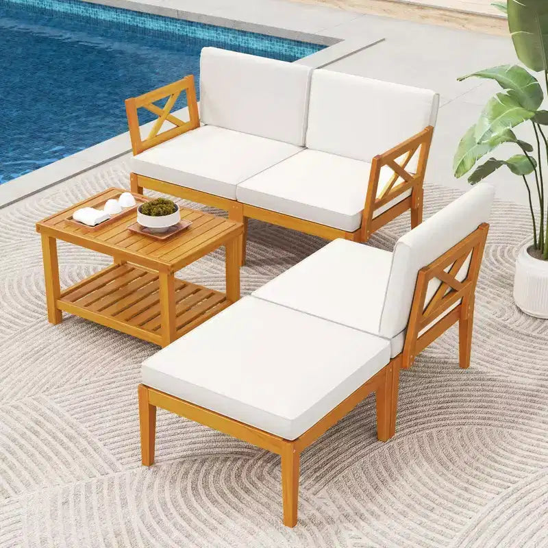 Costway Ensemble de Meubles de Patio 5 Pièces en Bois d'Acacia avec Table Basse à 2 Niveaux et Coussins