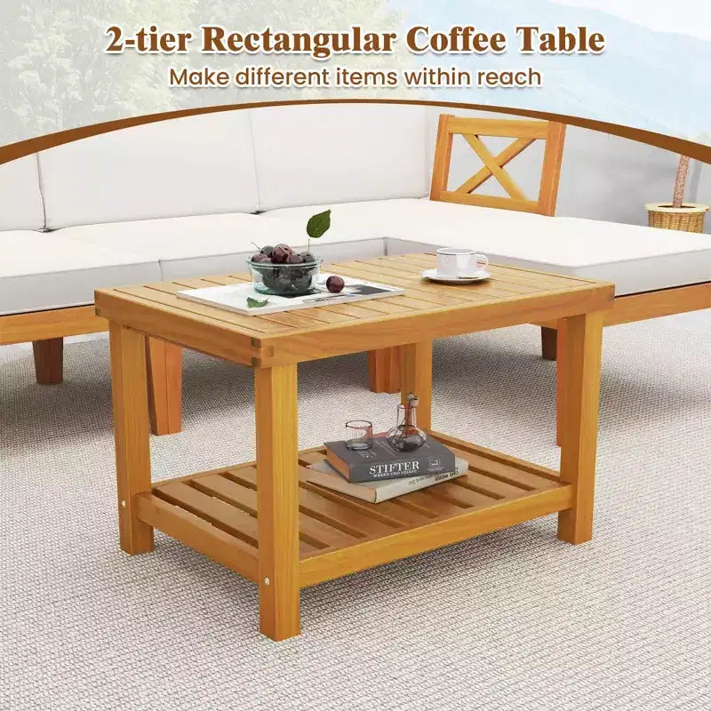 Costway Ensemble de Meubles de Patio 5 Pièces en Bois d'Acacia avec Table Basse à 2 Niveaux et Coussins