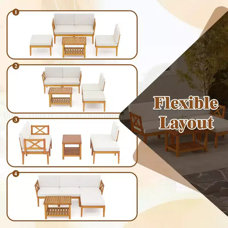 Costway Ensemble de Meubles de Patio 5 Pièces en Bois d'Acacia avec Table Basse à 2 Niveaux et Coussins