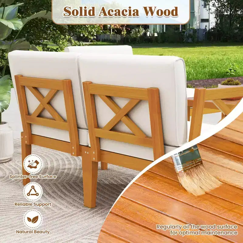 Costway Ensemble de Meubles de Patio 5 Pièces en Bois d'Acacia avec Table Basse à 2 Niveaux et Coussins