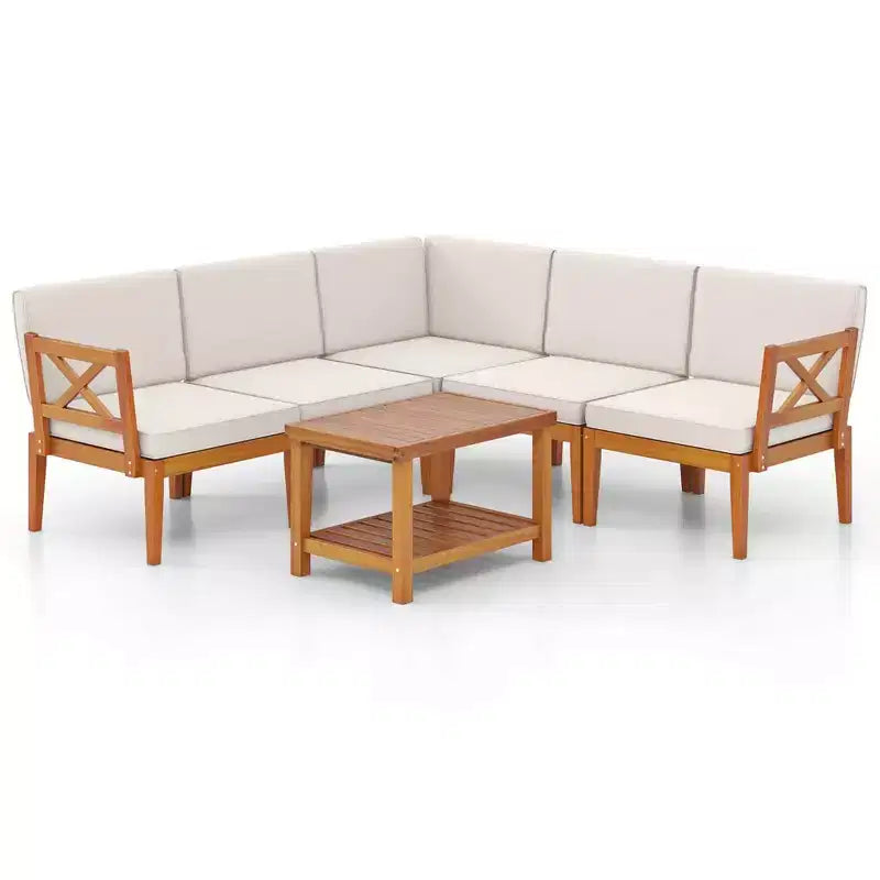 Ensemble de mobilier de patio Costway 6 pièces en bois d'acacia avec coussins et table basse à 2 niveaux