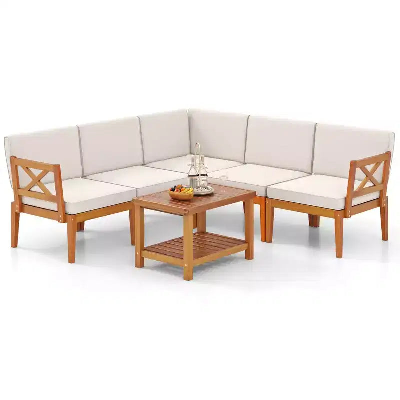 Ensemble de mobilier de patio Costway 6 pièces en bois d'acacia avec coussins et table basse à 2 niveaux