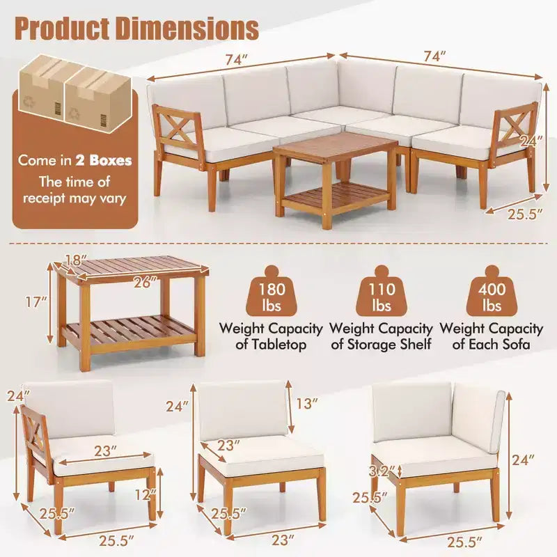 Ensemble de mobilier de patio Costway 6 pièces en bois d'acacia avec coussins et table basse à 2 niveaux