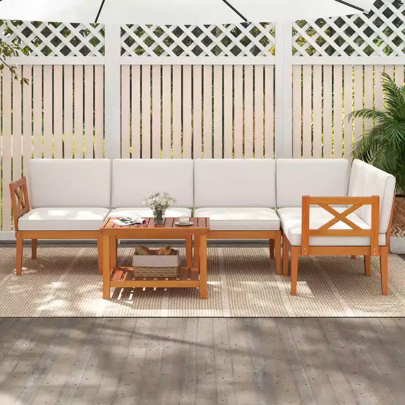 Ensemble de mobilier de patio Costway 6 pièces en bois d'acacia avec coussins et table basse à 2 niveaux