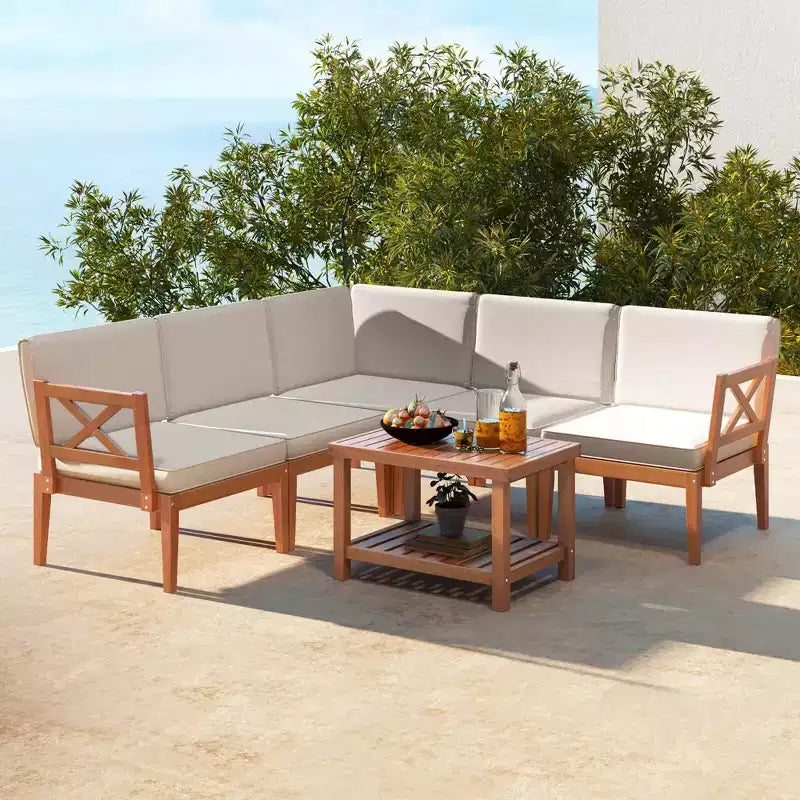 Ensemble de mobilier de patio Costway 6 pièces en bois d'acacia avec coussins et table basse à 2 niveaux