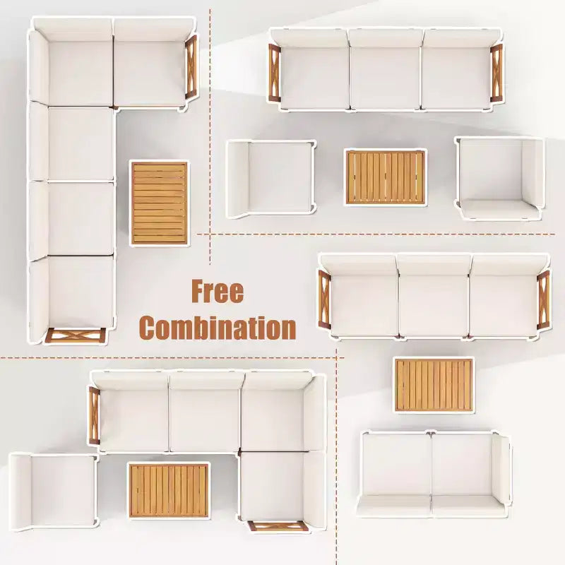 Ensemble de mobilier de patio Costway 6 pièces en bois d'acacia avec coussins et table basse à 2 niveaux