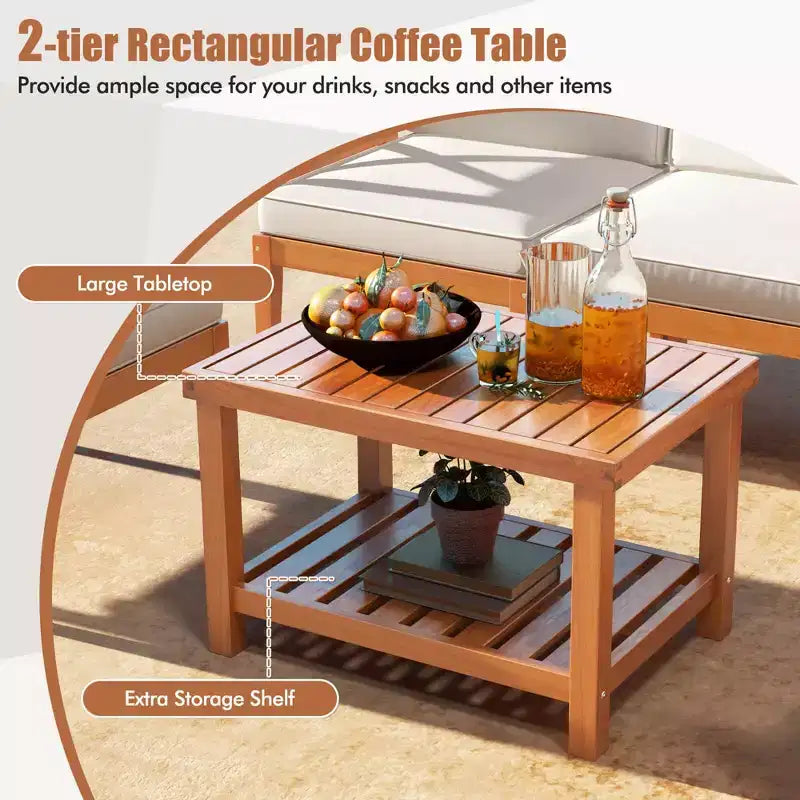 Ensemble de mobilier de patio Costway 6 pièces en bois d'acacia avec coussins et table basse à 2 niveaux