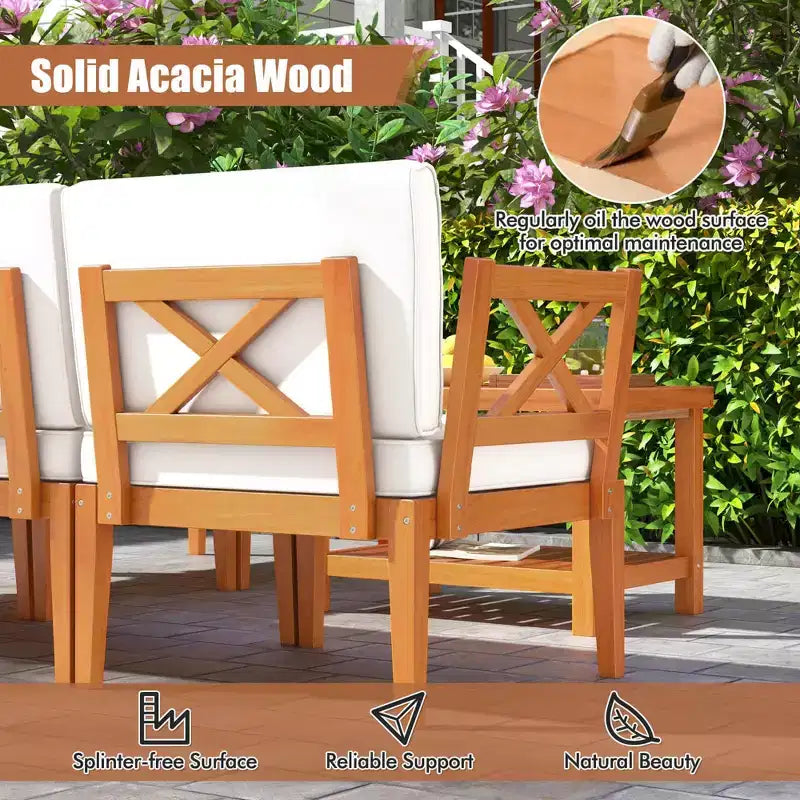 Ensemble de mobilier de patio Costway 6 pièces en bois d'acacia avec coussins et table basse à 2 niveaux