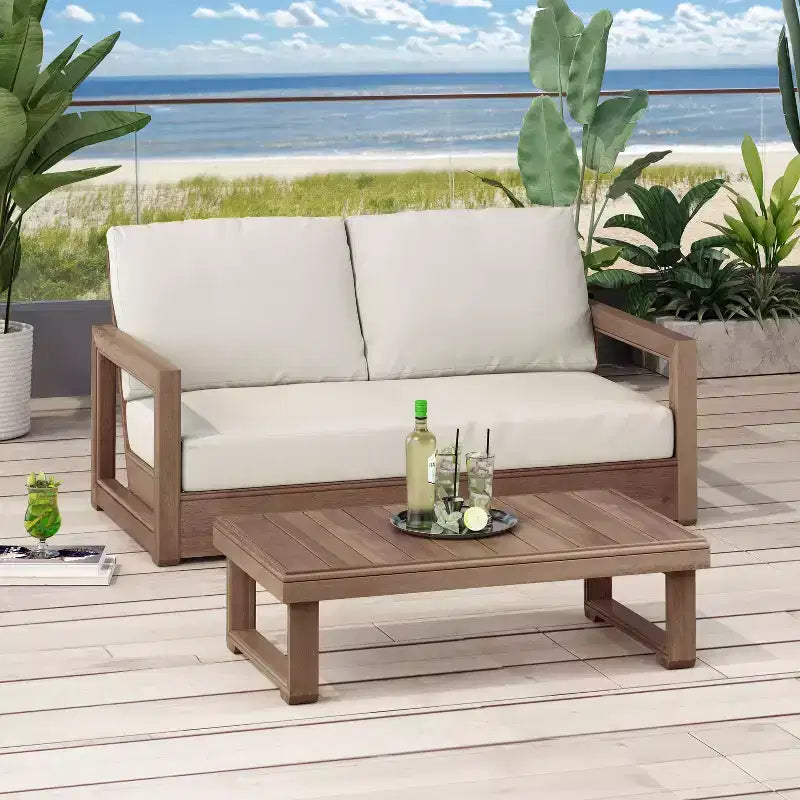 GDFStudio Andrae Outdoor Acacia Wood Loveseat and Coffee Table Set with Cushions