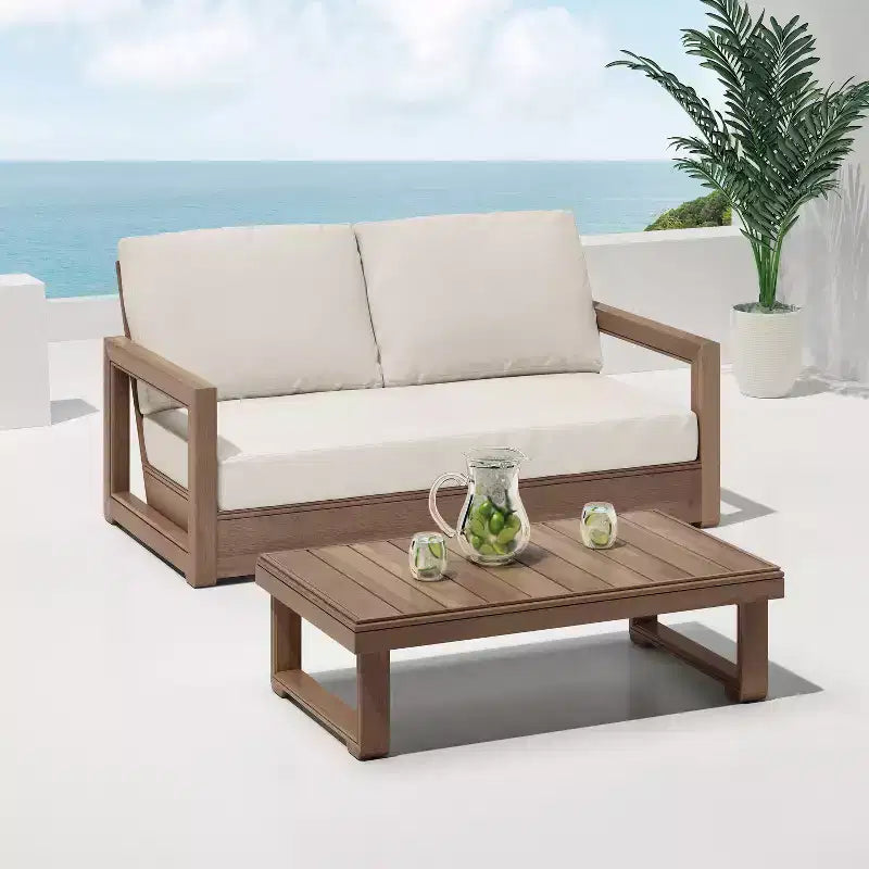 GDFStudio Andrae — Ensemble causeuse et table basse d'extérieur en bois d'acacia avec coussins