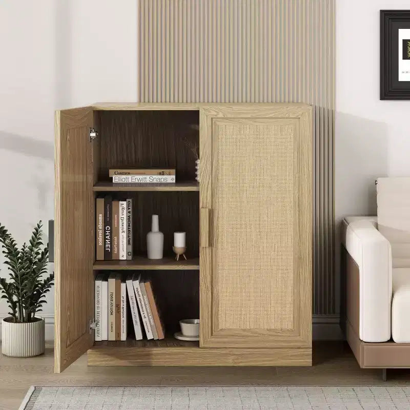 Rattan Wood Accent Cabinet with Adjustable Shelf, 36"x31"x16", Natural Storage Cabinet