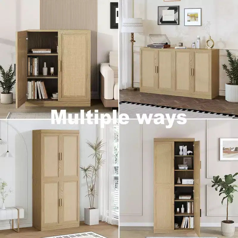 Rattan Wood Accent Cabinet with Adjustable Shelf, 36"x31"x16", Natural Storage Cabinet