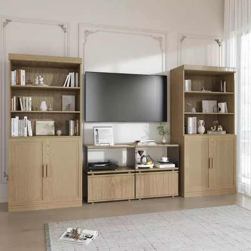 Rattan Wood Accent Cabinet with Adjustable Shelf, 36"x31"x16", Natural Storage Cabinet
