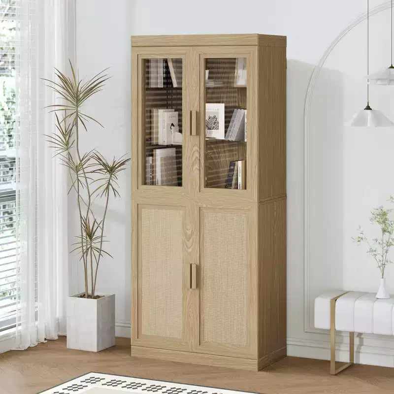 Rattan Wood Accent Cabinet with Adjustable Shelf, 36"x31"x16", Natural Storage Cabinet