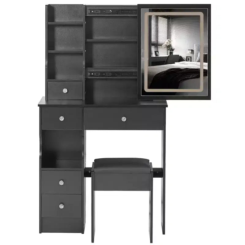 Small Size Left Drawer Desktop Dressing Dressing Table + Cushioned Stool, Extra Large Sliding Mirror