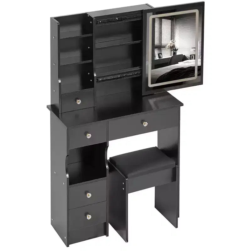 Small Size Left Drawer Desktop Dressing Dressing Table + Cushioned Stool, Extra Large Sliding Mirror
