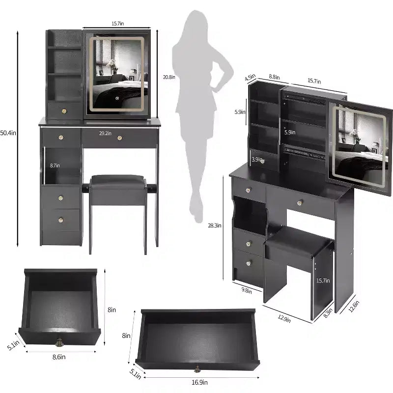 Small Size Left Drawer Desktop Dressing Dressing Table + Cushioned Stool, Extra Large Sliding Mirror