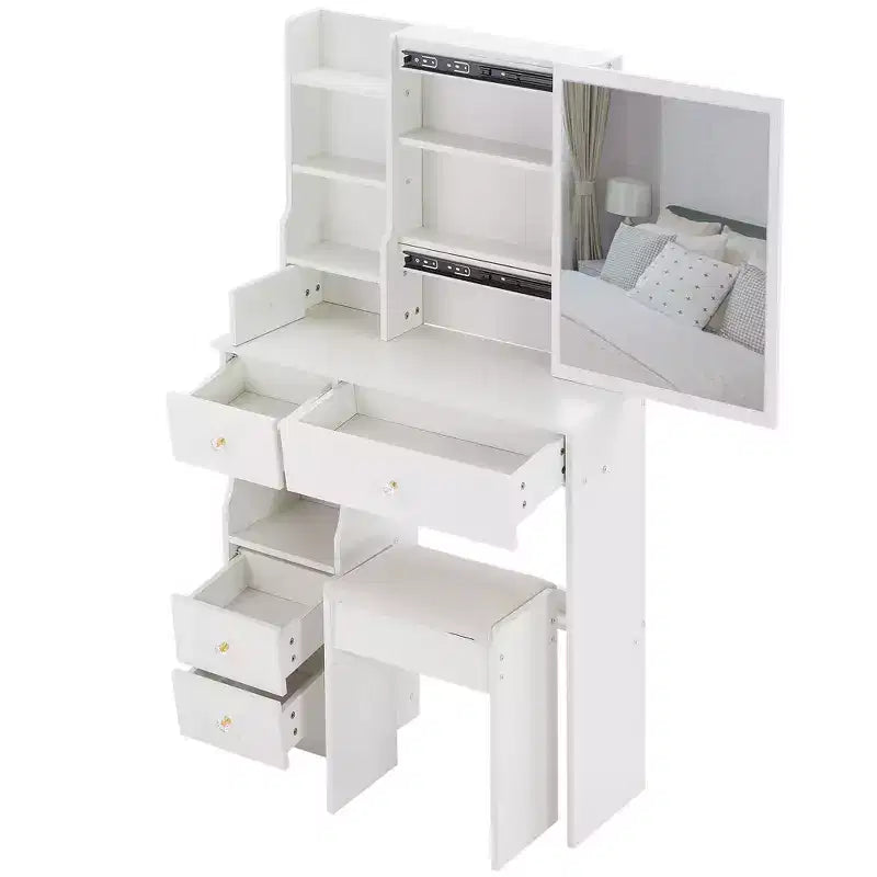 Small Size Left Drawer Desktop Dressing Dressing Table + Cushioned Stool, Extra Large Sliding Mirror