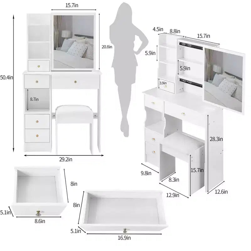 Small Size Left Drawer Desktop Dressing Dressing Table + Cushioned Stool, Extra Large Sliding Mirror