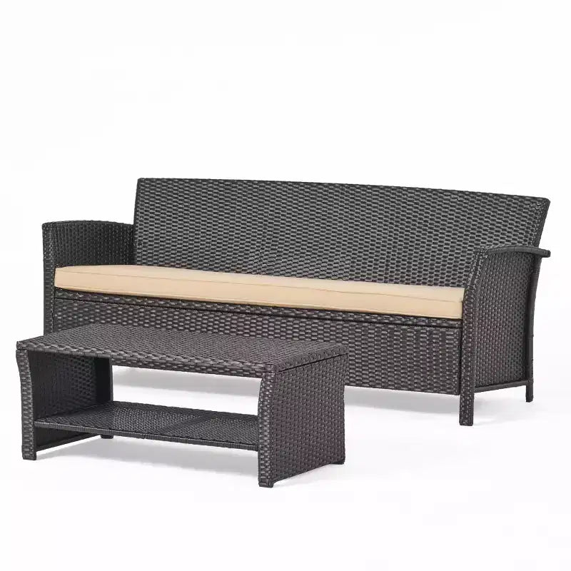 GDFStudio Raina Outdoor Wicker 3 Seater Sofa and Coffee Table with Water-Resistant Cushions