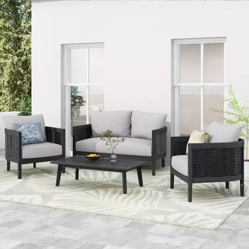 Christopher Knight Home Burchett Ensemble de conversation 4 pièces en bois d'acacia et osier avec coussins