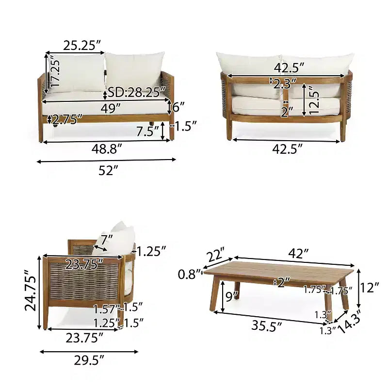 Christopher Knight Home Burchett Ensemble de conversation 4 pièces en bois d'acacia et osier avec coussins