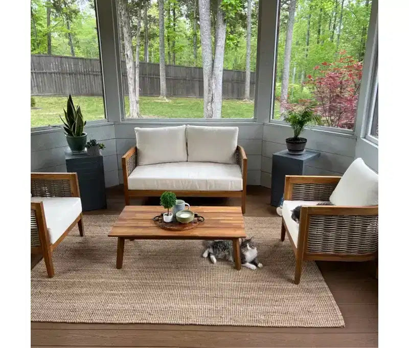Christopher Knight Home Burchett Ensemble de conversation 4 pièces en bois d'acacia et osier avec coussins
