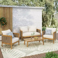Christopher Knight Home Burchett 4 Pieces Patio Acacia Wood and Wicker Conversation Set with Cushions