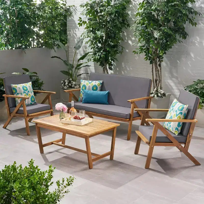 Christopher Knight Home Lissette Salon de jardin 4 places en acacia avec coussins, teck et gris foncé