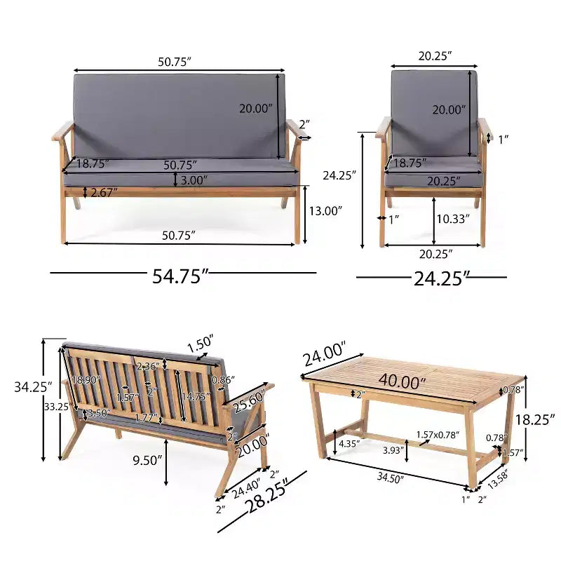 Christopher Knight Home Lissette Salon de jardin 4 places en acacia avec coussins, teck et gris foncé