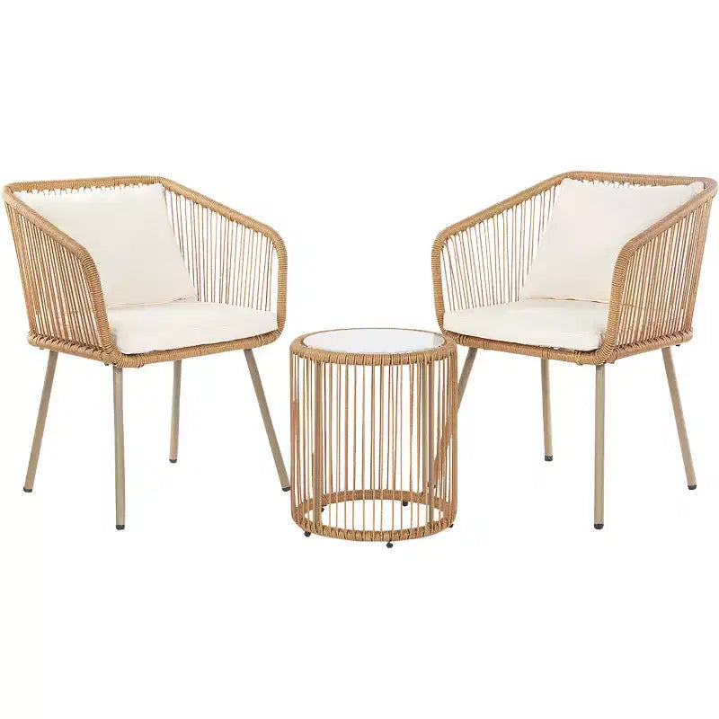 FDW 3 Piece Patio Furniture Set Rattan Bistro Furniture Set with Cushions & Glass Top Table for Garden Yard, White