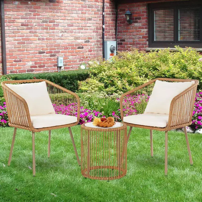 FDW Ensemble de Meubles de Patio 3 Pièces, Salon de Jardin en Rotin avec Coussins et Table en Verre pour Jardin, Blanc